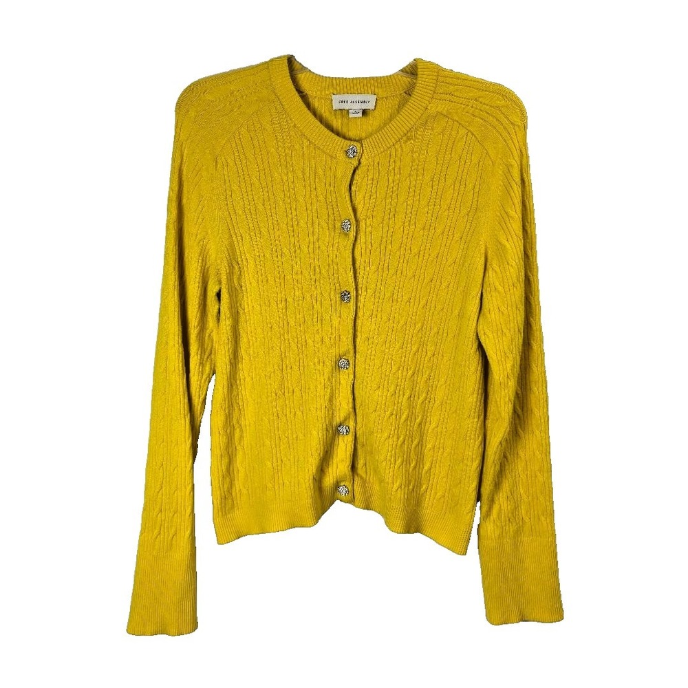 Free‎ Assembly Yellow Cable Knit Cardigan Sz L Rhinestone Buttons Boho Grandma